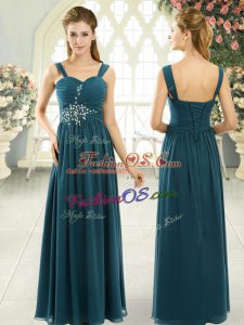 Cute Teal Spaghetti Straps Lace Up Beading and Ruching Prom Party Dress Sleeveless