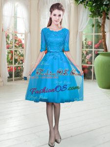 Graceful Half Sleeves Knee Length Lace Lace Up Prom Dresses with Blue