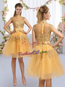 Gold High-neck Zipper Lace and Bowknot Quinceanera Court of Honor Dress Cap Sleeves
