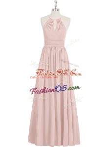 Attractive Baby Pink A-line Chiffon Halter Top Sleeveless Ruching Floor Length Zipper Homecoming Dress