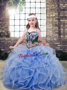 High End Light Blue Little Girls Pageant Dress Wholesale Party and Wedding Party with Embroidery and Ruffles Straps Sleeveless Lace Up
