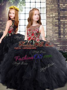 Exquisite Black Tulle Zipper Scoop Sleeveless Floor Length Girls Pageant Dresses Embroidery and Ruffles