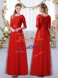 Red Scalloped Neckline Lace Bridesmaids Dress Half Sleeves Zipper