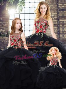 Pretty Sleeveless Floor Length Beading and Embroidery Lace Up Sweet 16 Dress with Black