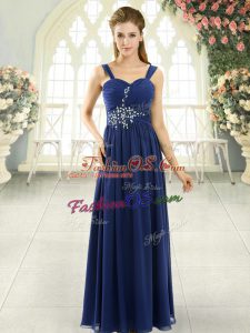 Sleeveless Floor Length Beading and Ruching Lace Up Homecoming Dress with Blue