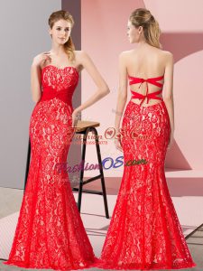 Sleeveless Lace Floor Length Backless Dress for Prom in Red with Beading