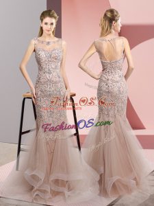 Dramatic Brown Zipper Scoop Beading Evening Dress Tulle Sleeveless