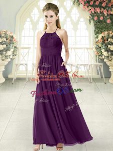 Purple Chiffon Backless Halter Top Sleeveless Ankle Length Evening Dress Lace