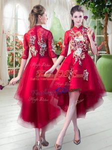 Most Popular Half Sleeves High Low Appliques Zipper with Red