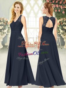 Black Empire V-neck Sleeveless Chiffon Ankle Length Zipper Lace Prom Dresses