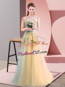 Edgy Sleeveless Floor Length Appliques Lace Up Prom Gown with Light Yellow