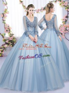 Custom Design Floor Length Blue Vestidos de Quinceanera Tulle Long Sleeves Lace and Appliques