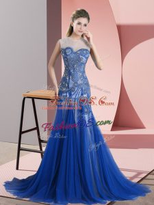 Beauteous Tulle Scoop Sleeveless Brush Train Backless Beading and Appliques in Royal Blue