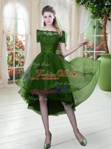 Green Off The Shoulder Neckline Lace Prom Gown Short Sleeves Lace Up