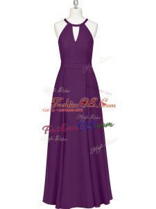 Floor Length Eggplant Purple Homecoming Dress Chiffon Sleeveless Ruching