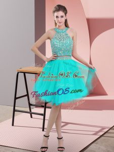 Turquoise Backless Halter Top Beading Prom Gown Organza Sleeveless