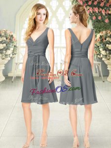 Flirting Grey Sleeveless Knee Length Ruching Zipper Party Dress for Girls