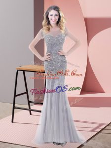 Tulle Scoop Short Sleeves Zipper Beading Prom Gown in Grey