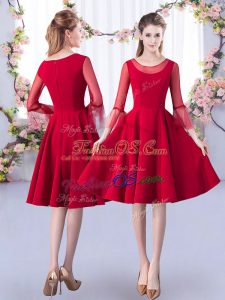 Red A-line Satin Scoop 3 4 Length Sleeve Ruching Knee Length Zipper Quinceanera Dama Dress