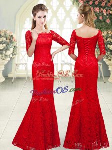 Fine Red Lace Lace Up Scalloped 3 4 Length Sleeve Floor Length Evening Dress Beading