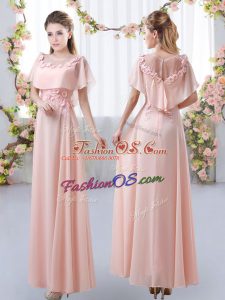 Pink Short Sleeves Floor Length Appliques Zipper Quinceanera Dama Dress