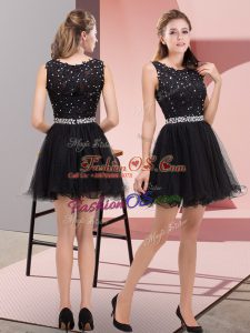 Eye-catching Black A-line Beading Prom Dresses Zipper Tulle Sleeveless Mini Length