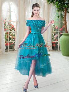 Teal Short Sleeves High Low Appliques Lace Up Prom Gown