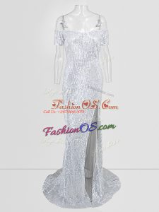 Noble Off The Shoulder Short Sleeves Sweep Train Sequins Prom Gown in Silver