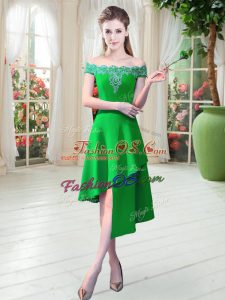 Most Popular Green A-line Off The Shoulder Sleeveless Satin Asymmetrical Zipper Appliques Prom Dresses
