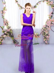 Sleeveless Floor Length Lace Lace Up Damas Dress with Purple