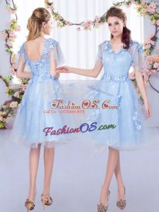 High End Knee Length Light Blue Wedding Guest Dresses V-neck Short Sleeves Lace Up
