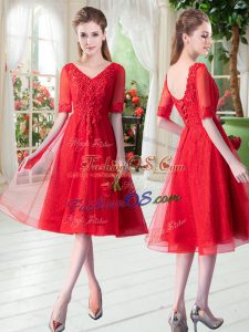 Stunning V-neck Half Sleeves Homecoming Dress Knee Length Beading and Appliques Red Tulle