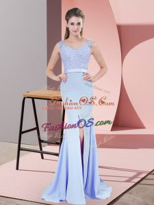 Modern Baby Blue Prom Dress Chiffon Brush Train Sleeveless Beading and Lace
