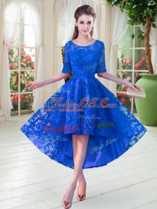 Custom Designed Blue Zipper Prom Party Dress Half Sleeves High Low Lace