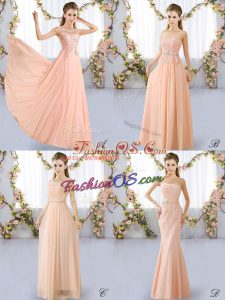 Unique Peach Lace Up Scoop Lace Bridesmaid Gown Chiffon Sleeveless