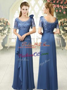 Floor Length Zipper Evening Dress Blue for Prom and Party with Beading and Ruching