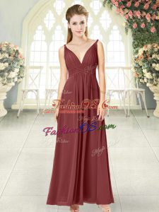 V-neck Sleeveless Prom Dresses Floor Length Ruching Wine Red Chiffon