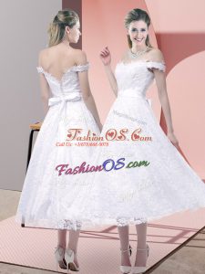 White A-line Lace Strapless Sleeveless Belt Tea Length Criss Cross Homecoming Dress