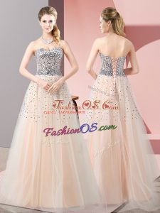 A-line Prom Evening Gown Peach Sweetheart Tulle Sleeveless Floor Length Lace Up
