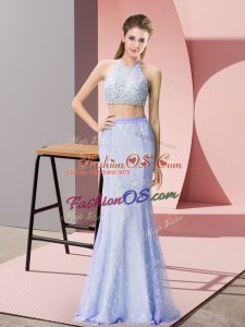 Baby Blue Sleeveless Floor Length Beading and Lace Backless Evening Dress