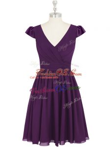Chiffon V-neck Cap Sleeves Zipper Ruching Prom Gown in Purple