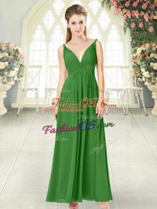 Decent Green Empire V-neck Sleeveless Chiffon Ankle Length Backless Ruching Evening Dress
