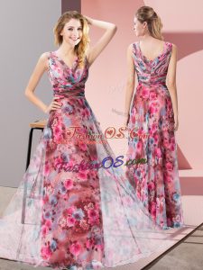 Beautiful V-neck Sleeveless Printed Prom Evening Gown Pattern Zipper