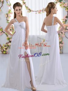 Lovely White Wedding Party Dress Prom and Party and Wedding Party with Beading One Shoulder Sleeveless Brush Train Lace Up