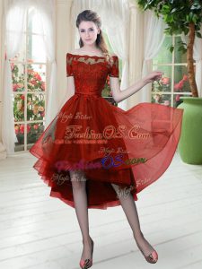 Charming Wine Red Tulle Lace Up Short Sleeves High Low Lace