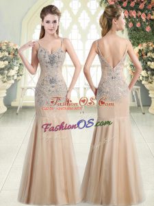 Champagne Zipper Spaghetti Straps Beading Homecoming Dress Tulle Sleeveless