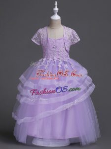 Lavender Ball Gowns Spaghetti Straps Sleeveless Tulle Floor Length Zipper Appliques and Ruffled Layers Flower Girl Dresses for Less
