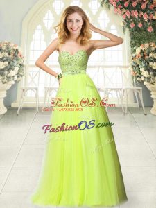 Yellow Green A-line Beading Prom Dress Zipper Tulle Sleeveless Floor Length