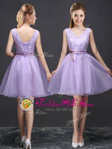 Organza Sleeveless Mini Length Bridesmaid Dresses and Lace and Appliques and Belt