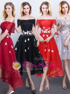 Off the Shoulder Black and Red and Grey Chiffon Lace Up Quinceanera Court of Honor Dress Sleeveless High Low Appliques
